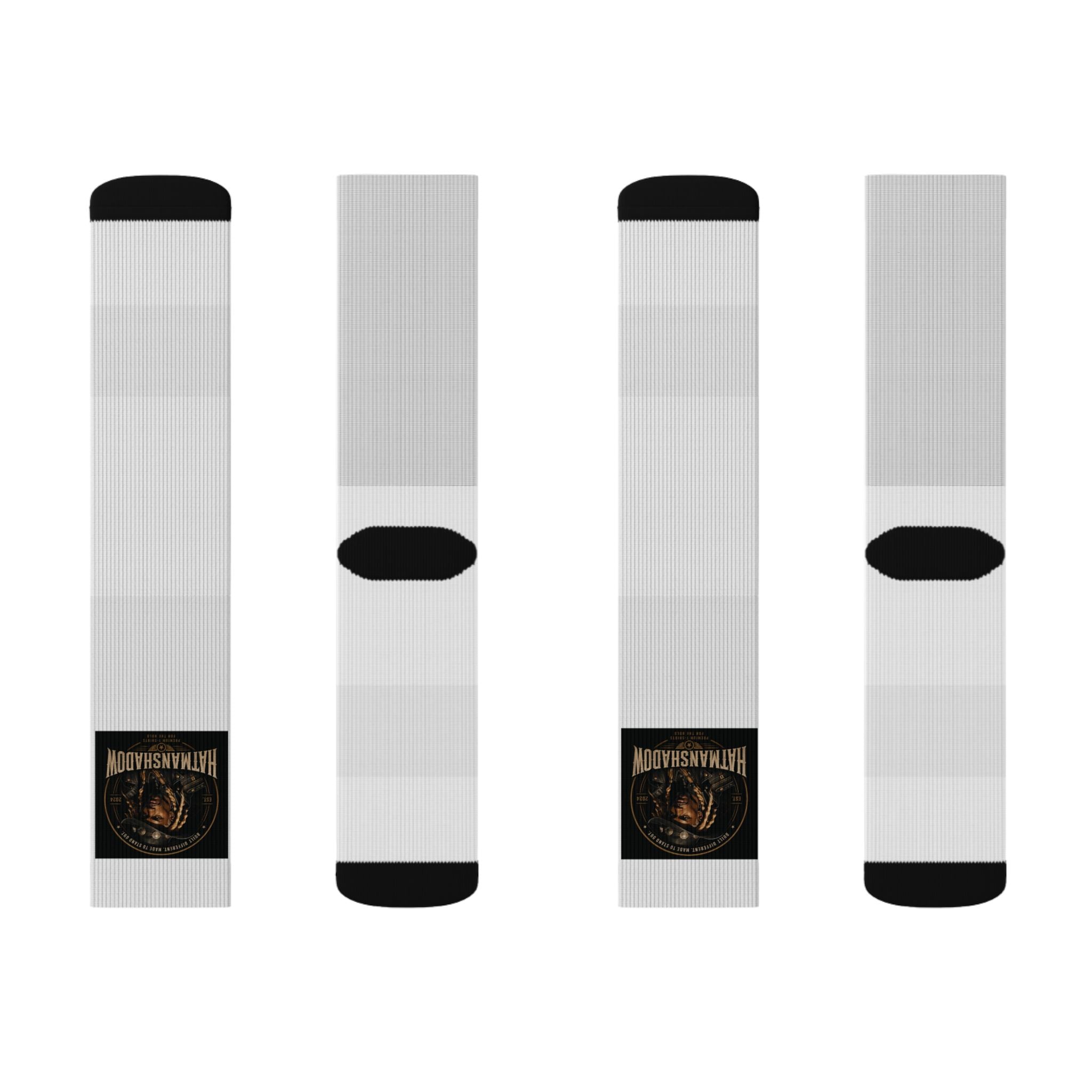 Hatmanshadow Sublimation Socks — Black Patch Logo Crew Socks for Fans