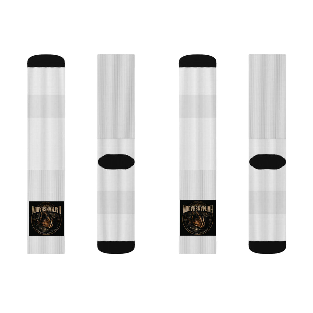 Hatmanshadow Sublimation Socks — Black Patch Logo Crew Socks for Fans