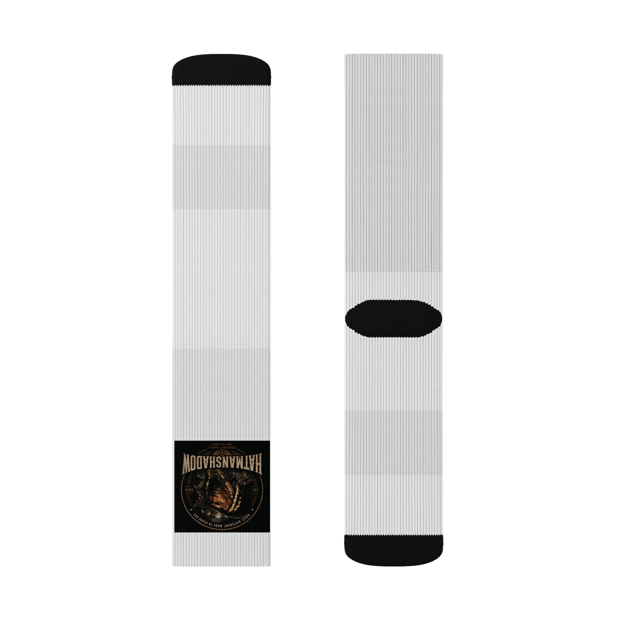 Hatmanshadow Sublimation Socks — Black Patch Logo Crew Socks for Fans