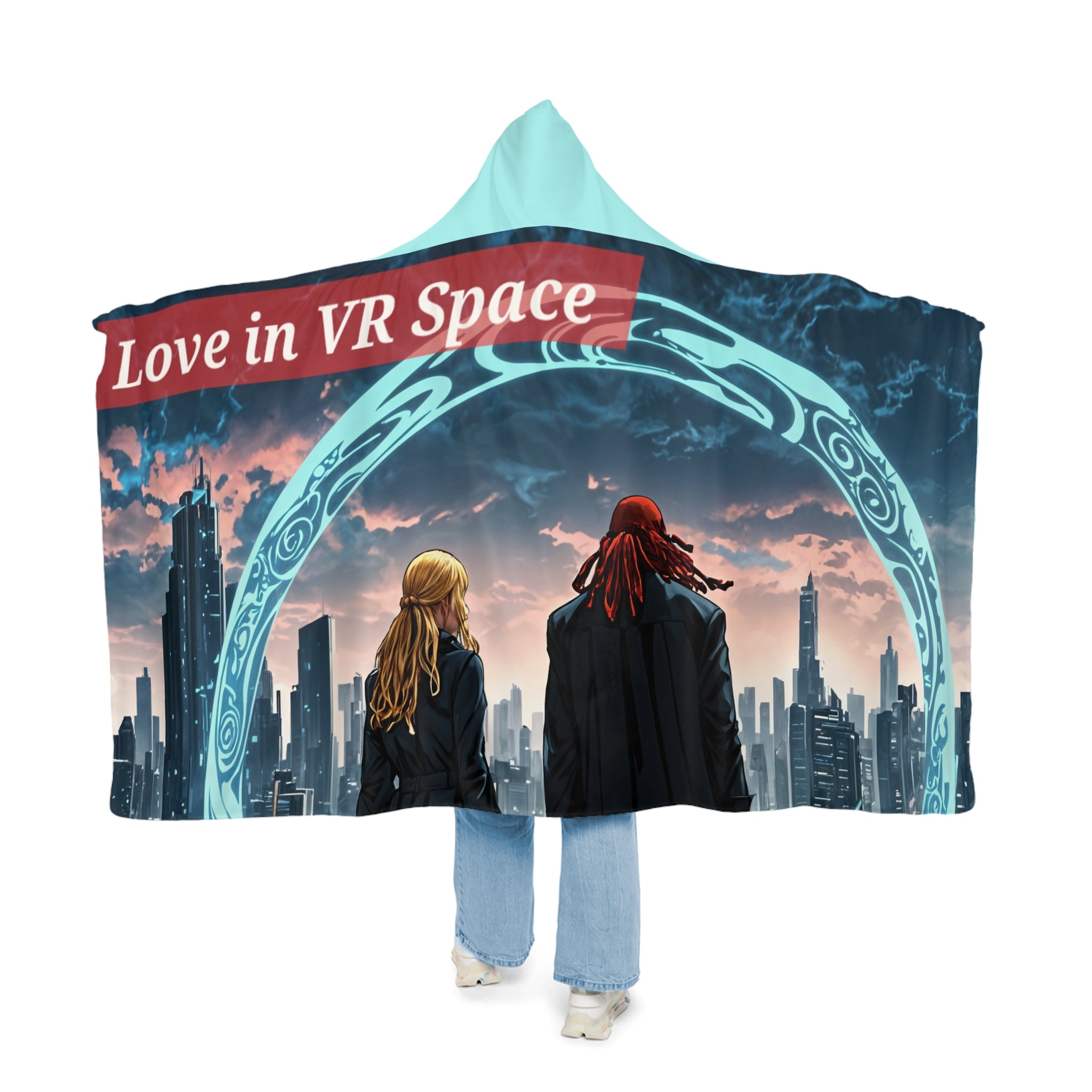 Hooded Blanket — "Love in VR Space" Futuristic Couple Cozy Throw