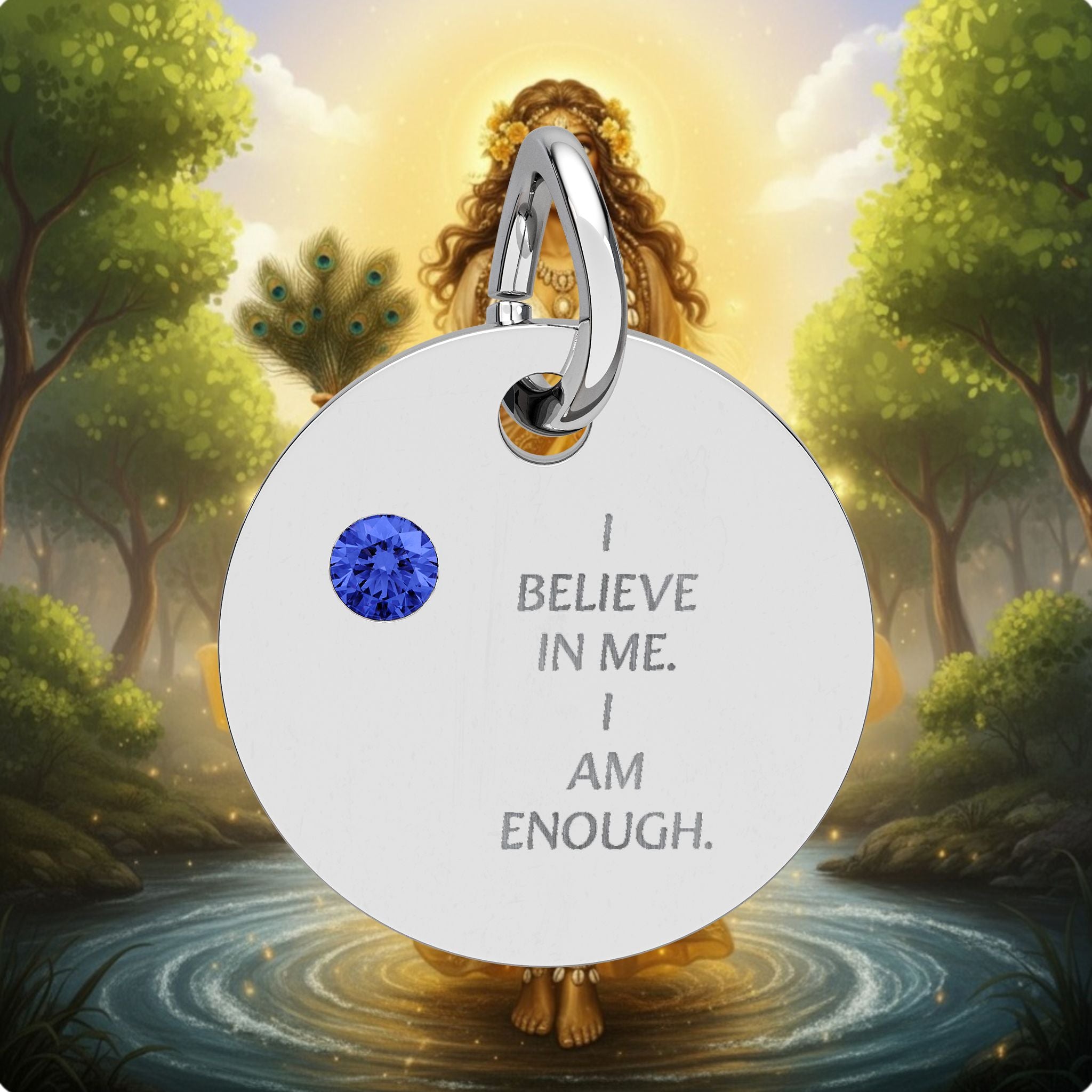 Engraved Birthstone Circle Charm — "I Believe in Me, I Am Enough"