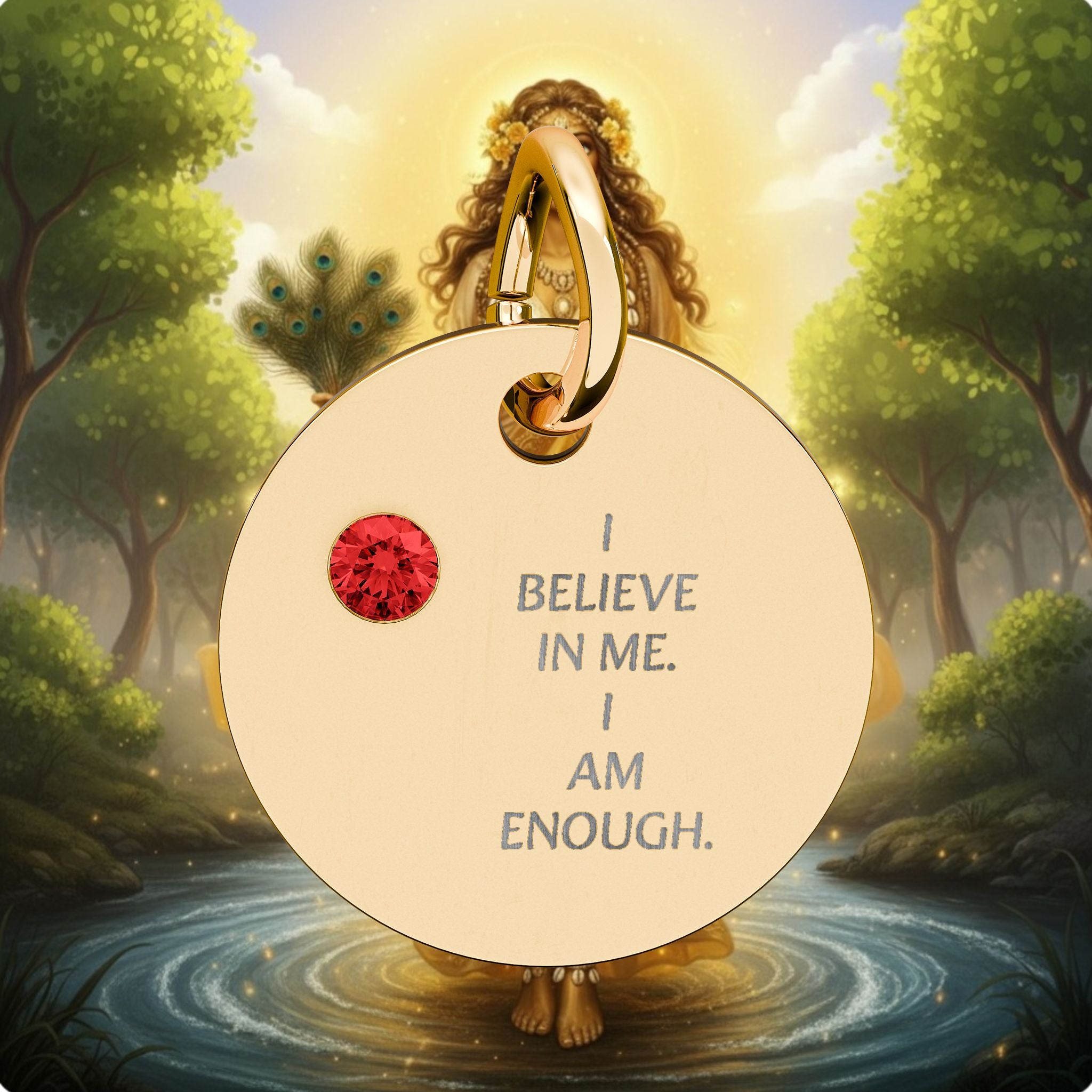 Engraved Birthstone Circle Charm — "I Believe in Me, I Am Enough"
