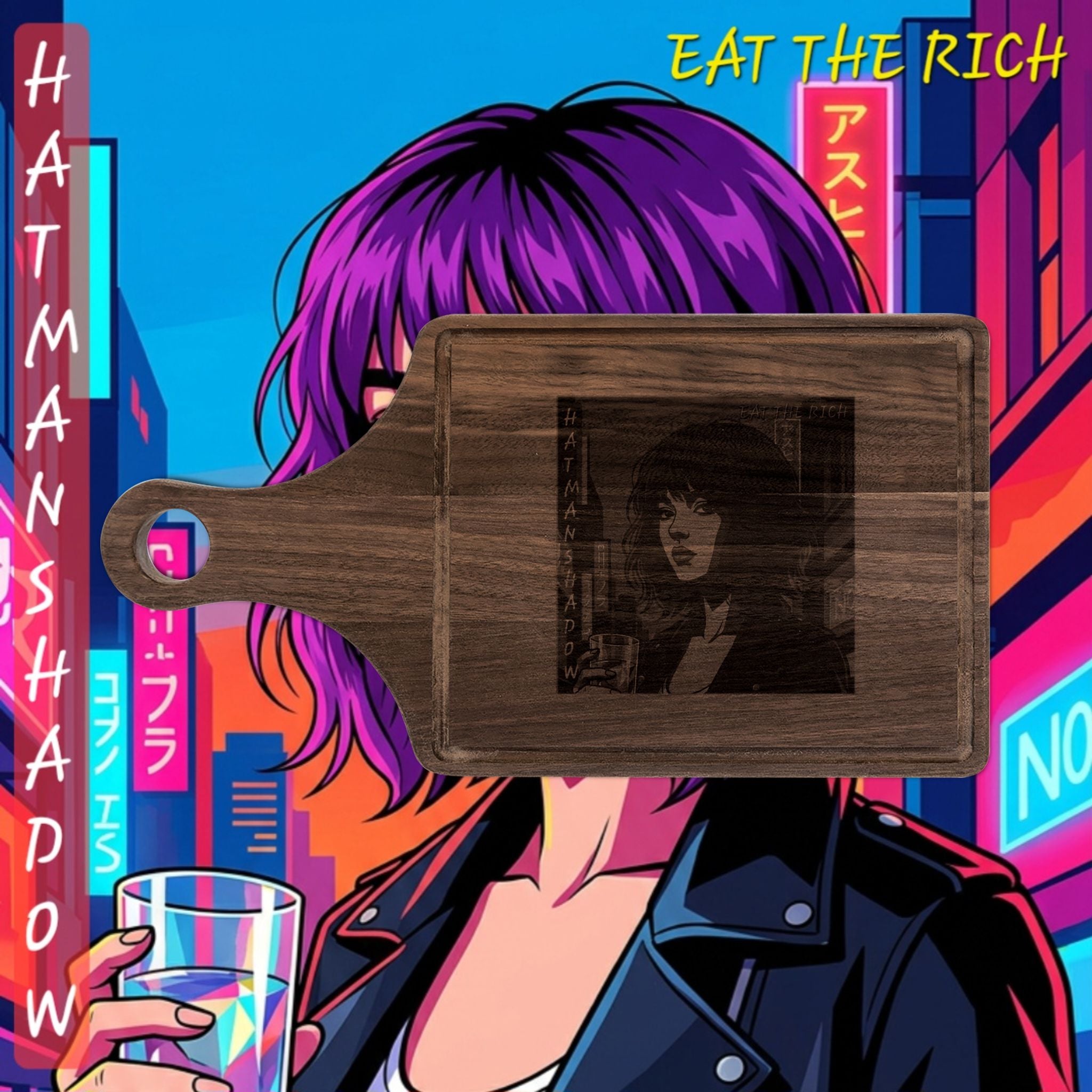 Engraved Retro Cyberpunk Woman Wooden Cutting Board – “Eat the Rich”