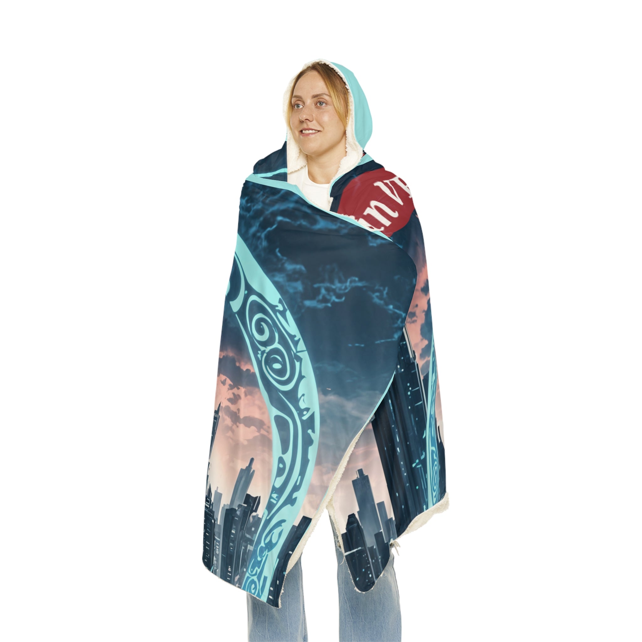 Hooded Blanket — "Love in VR Space" Futuristic Couple Cozy Throw