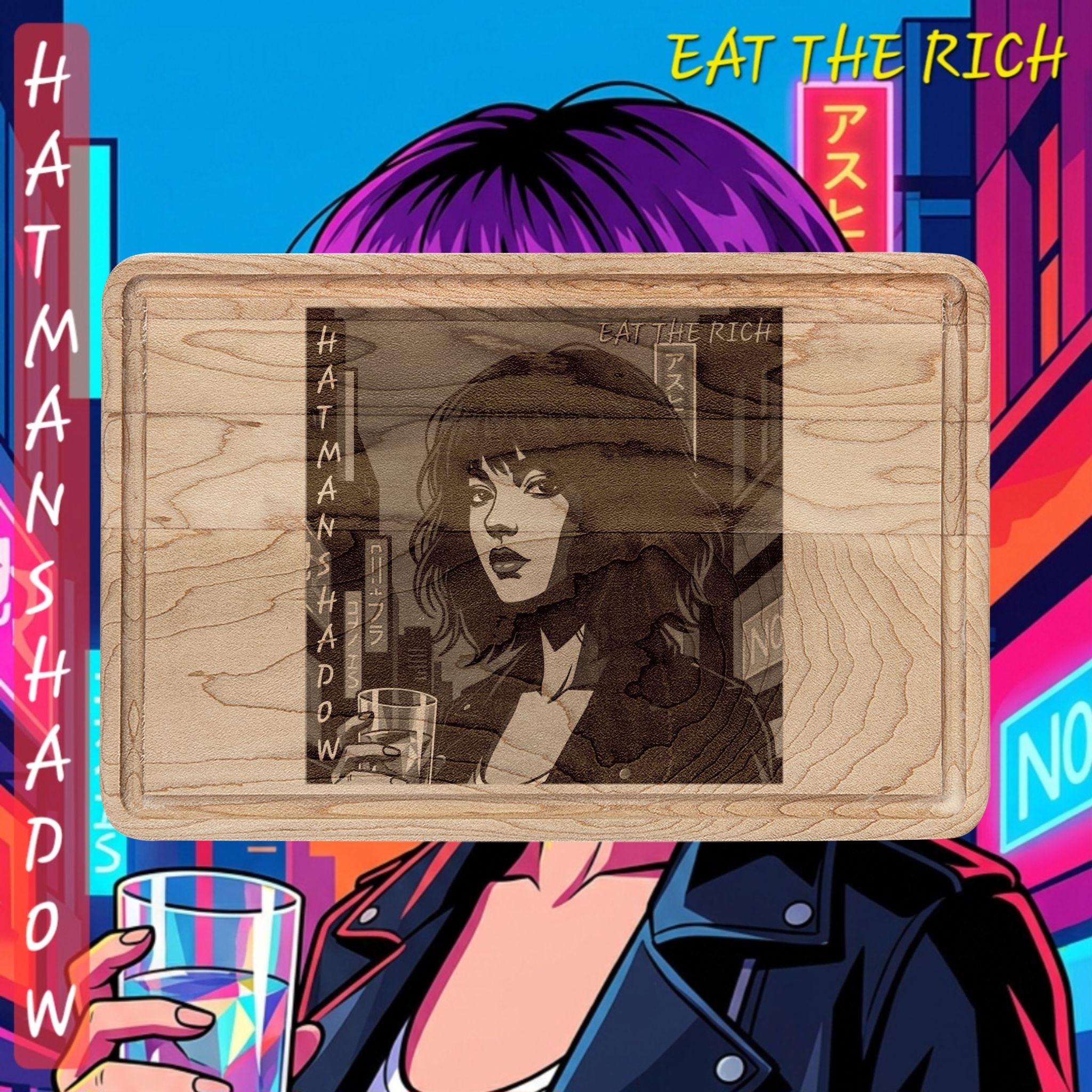 Engraved Retro Cyberpunk Woman Wooden Cutting Board – “Eat the Rich”