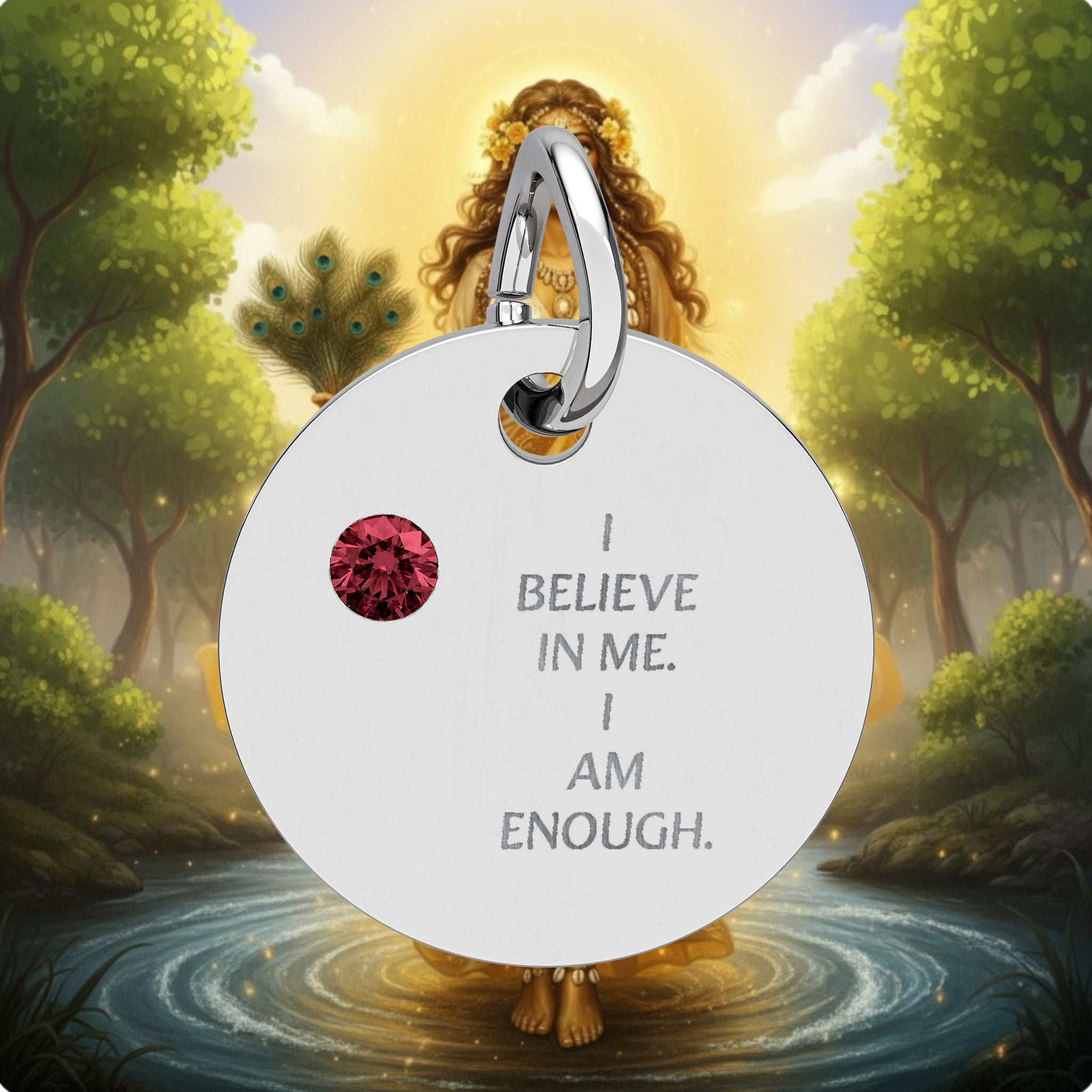 Engraved Birthstone Circle Charm — "I Believe in Me, I Am Enough"