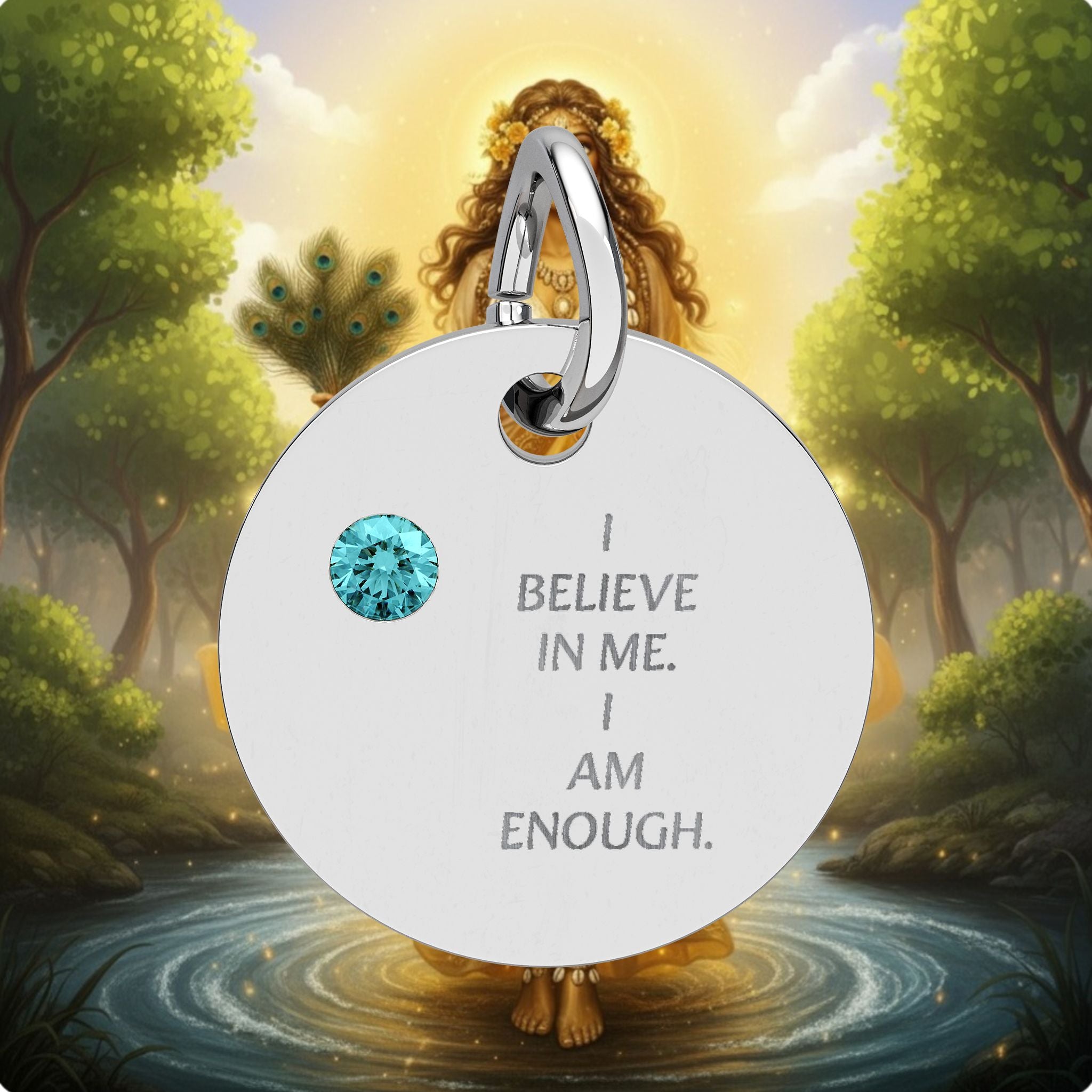 Engraved Birthstone Circle Charm — "I Believe in Me, I Am Enough"