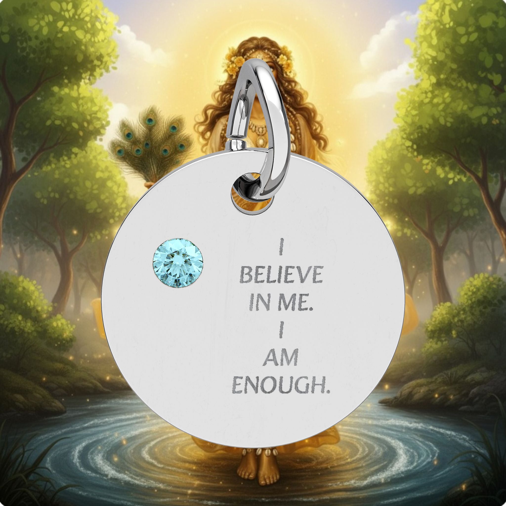 Engraved Birthstone Circle Charm — "I Believe in Me, I Am Enough"