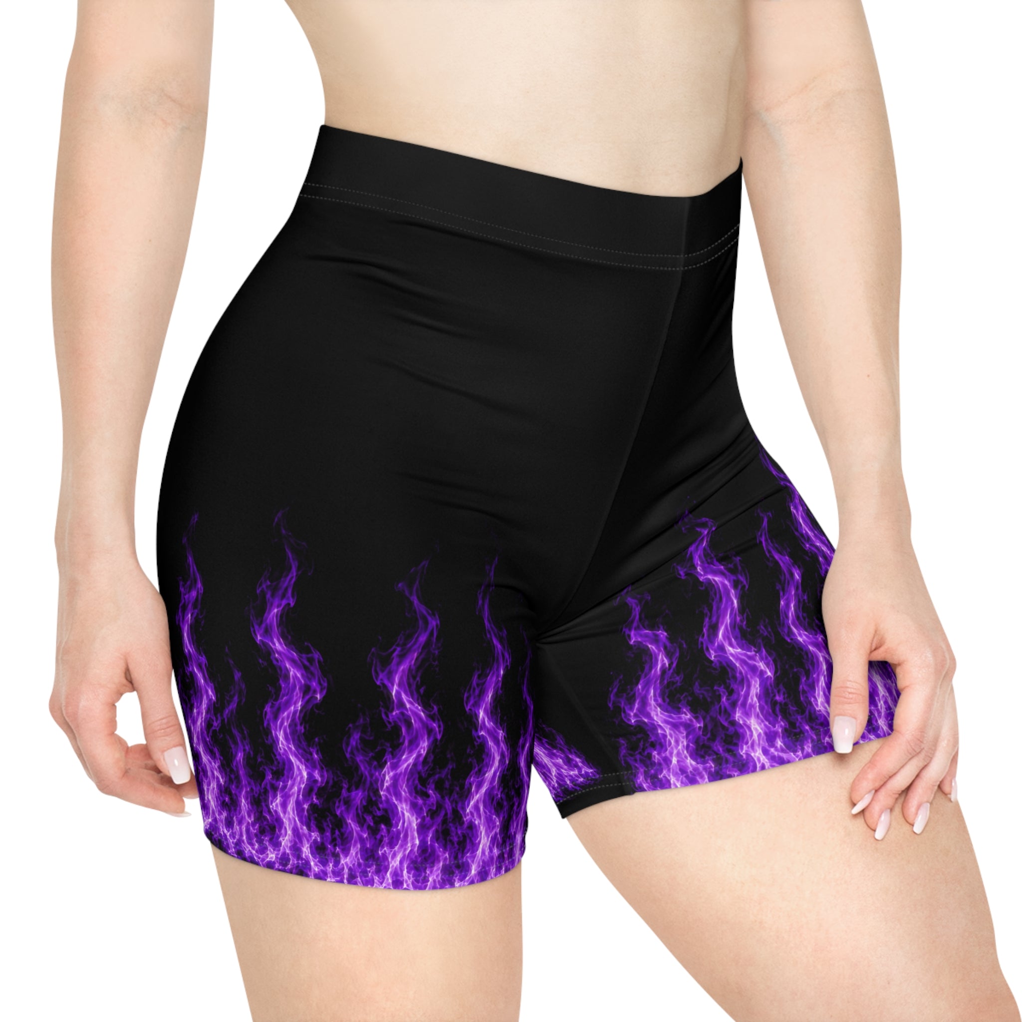 Purple Flame Biker Shorts — Women's Athletic Cycling Shorts with Neon Fire Design