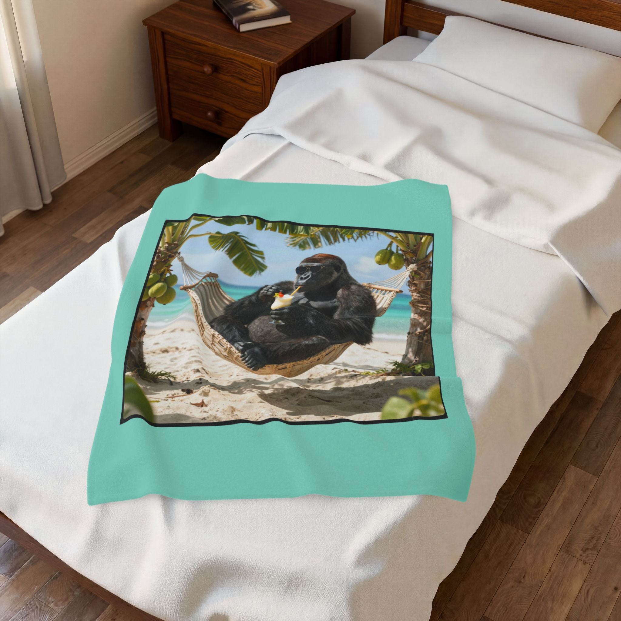 Tropical Gorilla Beach Plush Blanket – Velveteen Cozy Throw with Hammock Ape Design