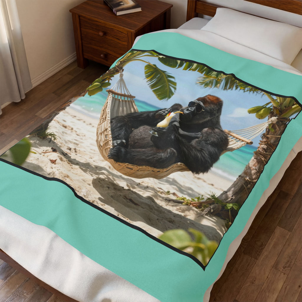 Tropical Gorilla Beach Plush Blanket – Velveteen Cozy Throw with Hammock Ape Design