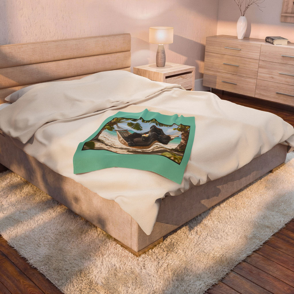 Tropical Gorilla Beach Plush Blanket – Velveteen Cozy Throw with Hammock Ape Design