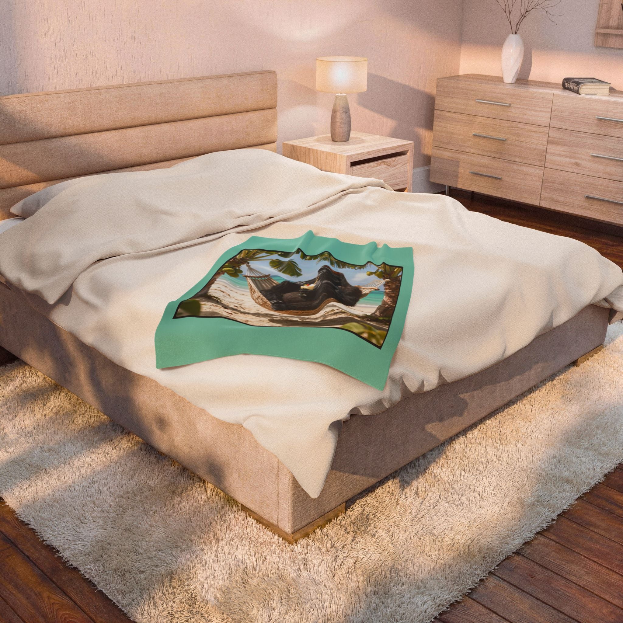 Tropical Gorilla Beach Plush Blanket – Velveteen Cozy Throw with Hammock Ape Design