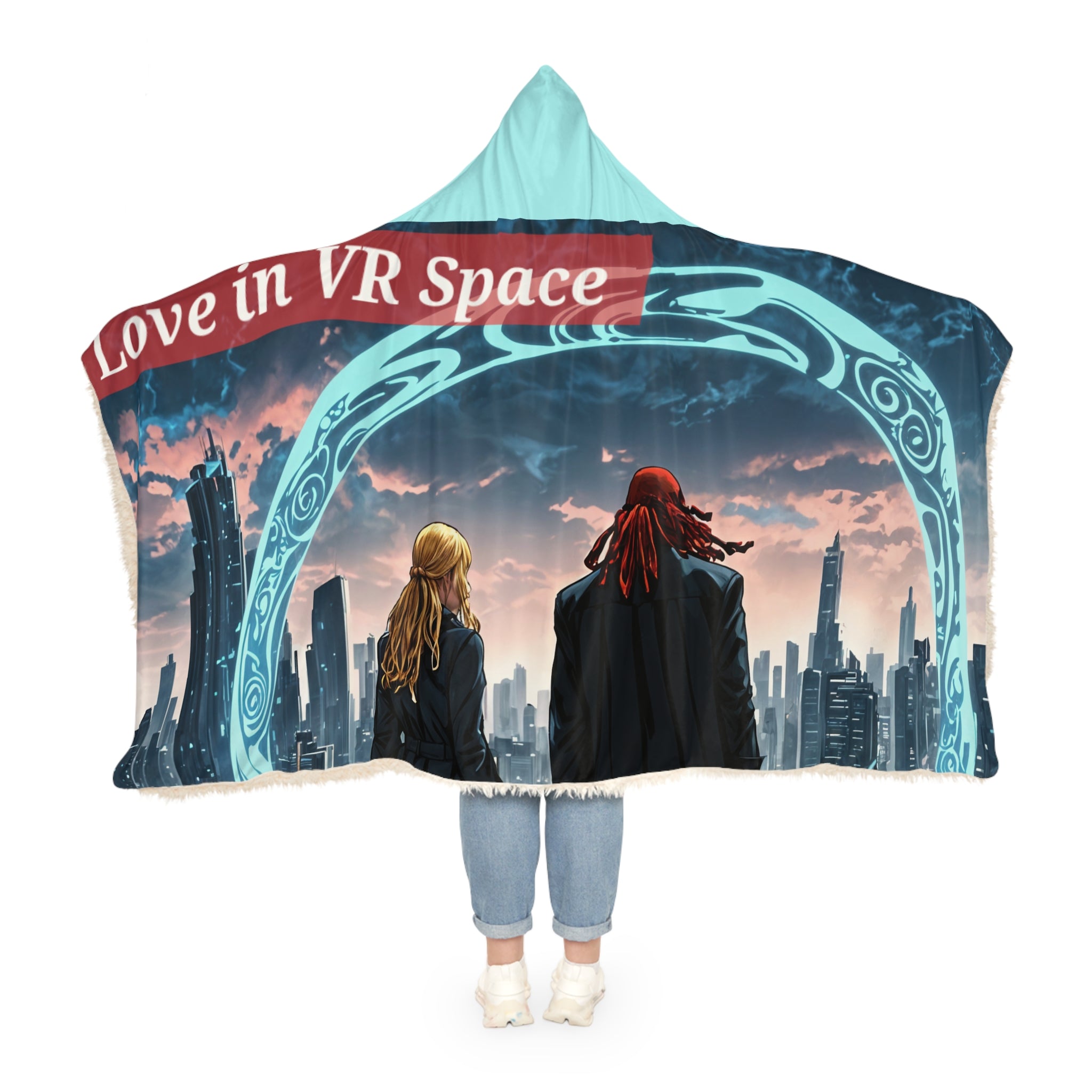 Hooded Blanket — "Love in VR Space" Futuristic Couple Cozy Throw