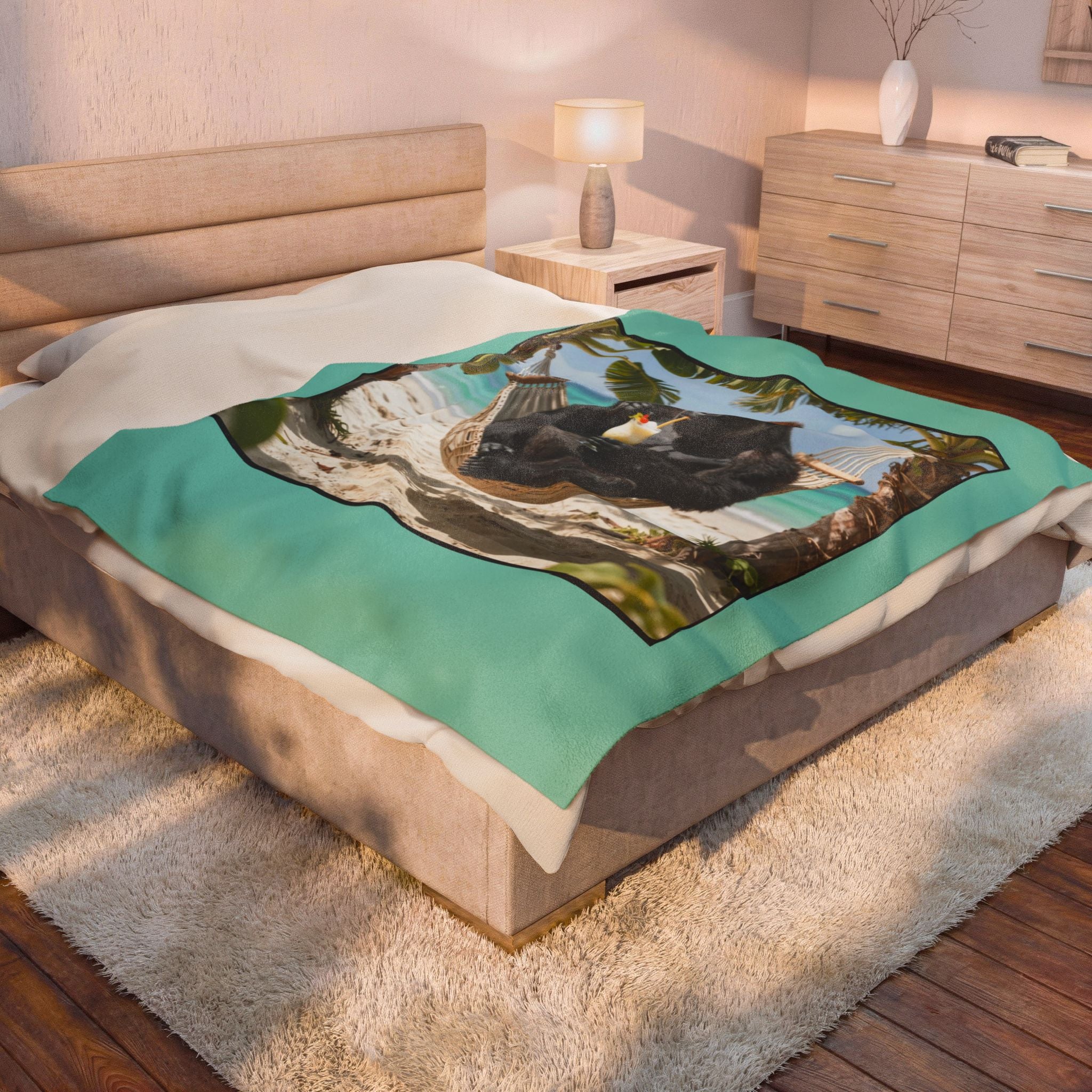 Tropical Gorilla Beach Plush Blanket – Velveteen Cozy Throw with Hammock Ape Design