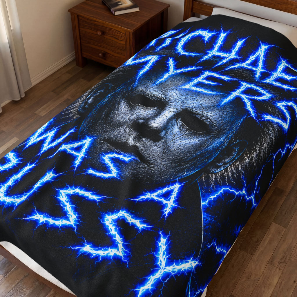 Michael Myers Graphic Plush Blanket — Horror Movie Velvet Throw with Bold Text