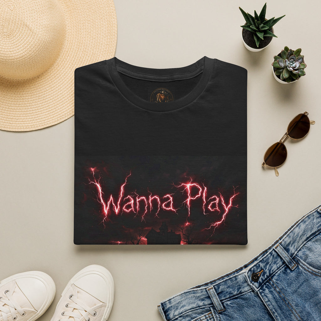 Wanna Play T-Shirt — Spooky Red Flame Horror Design