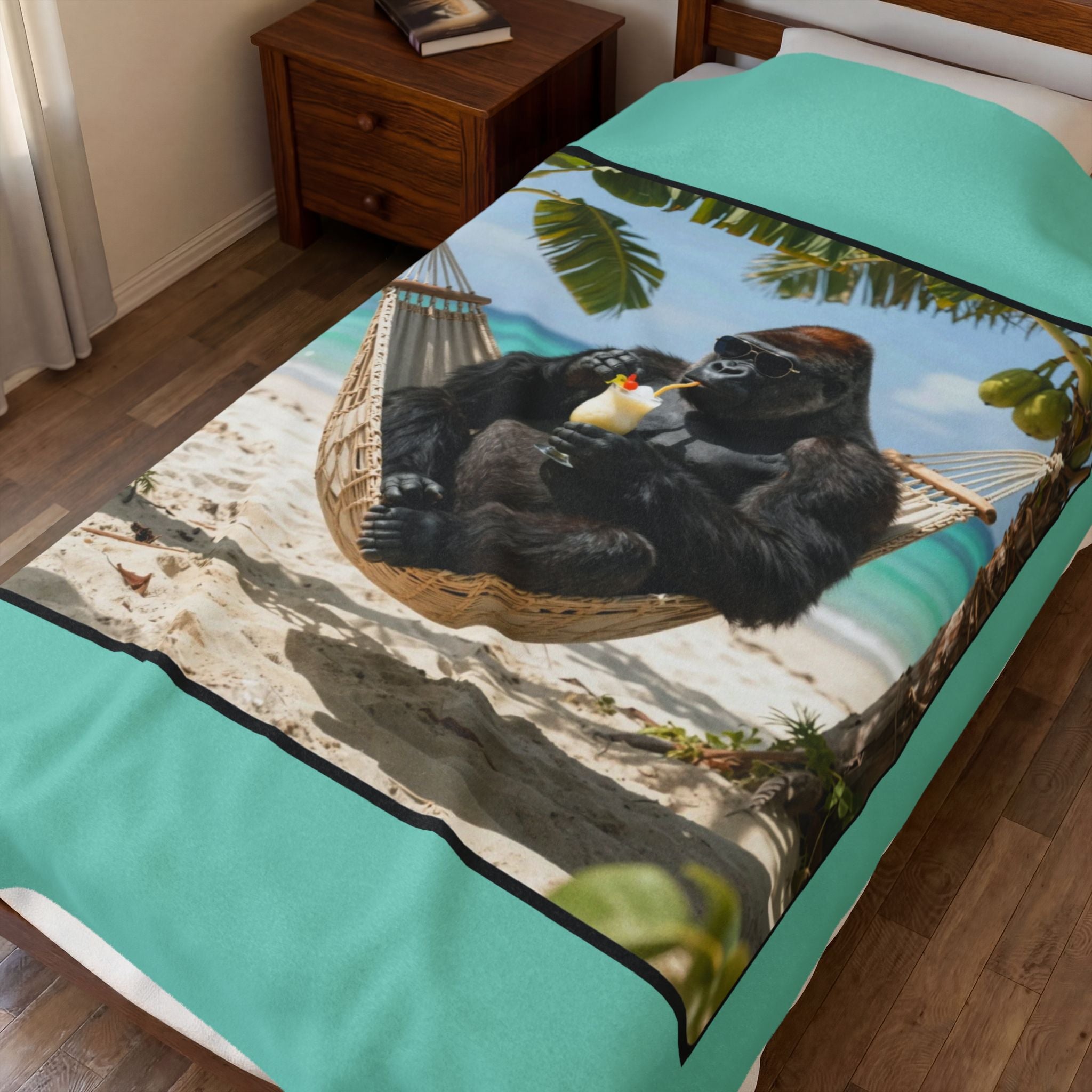 Tropical Gorilla Beach Plush Blanket – Velveteen Cozy Throw with Hammock Ape Design