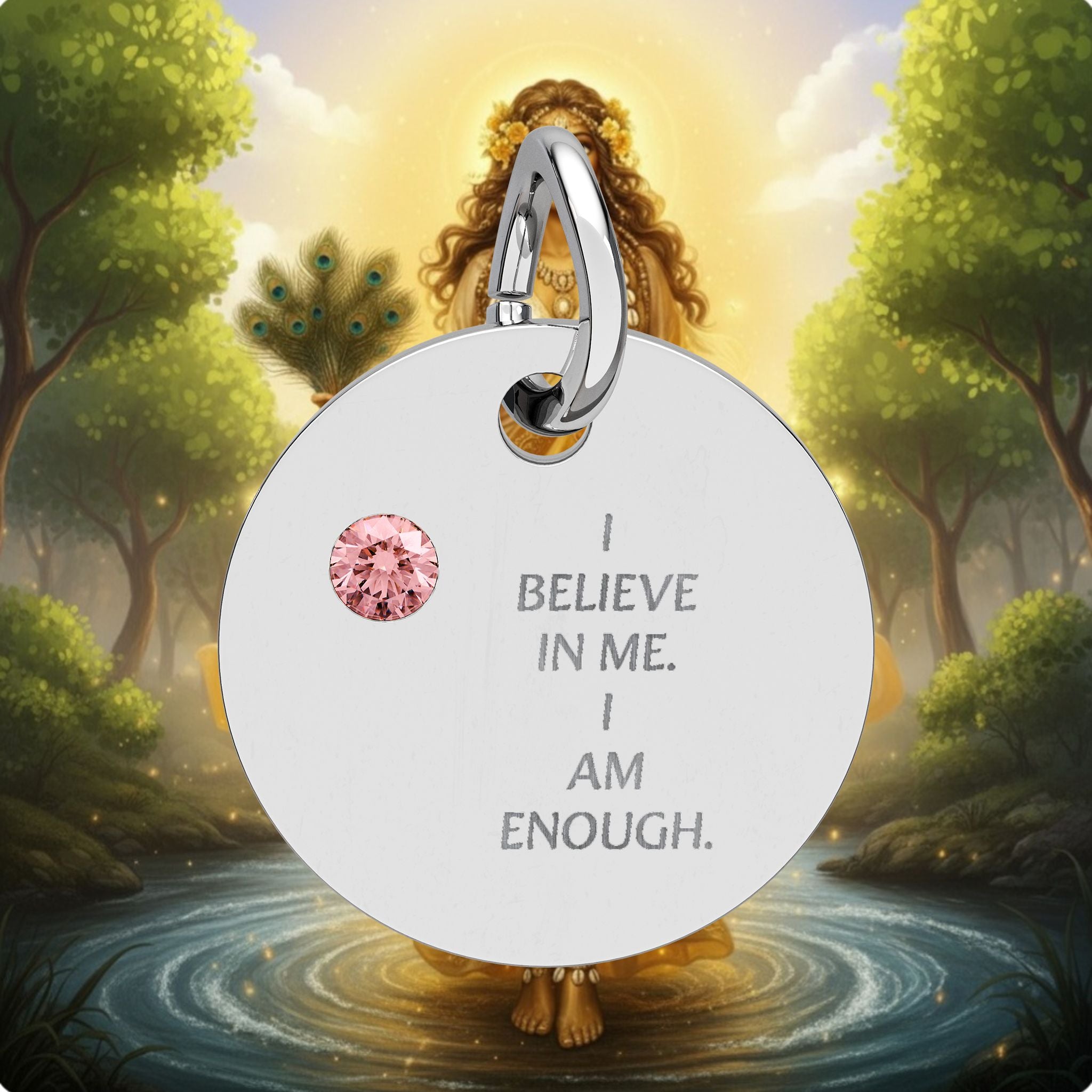 Engraved Birthstone Circle Charm — "I Believe in Me, I Am Enough"