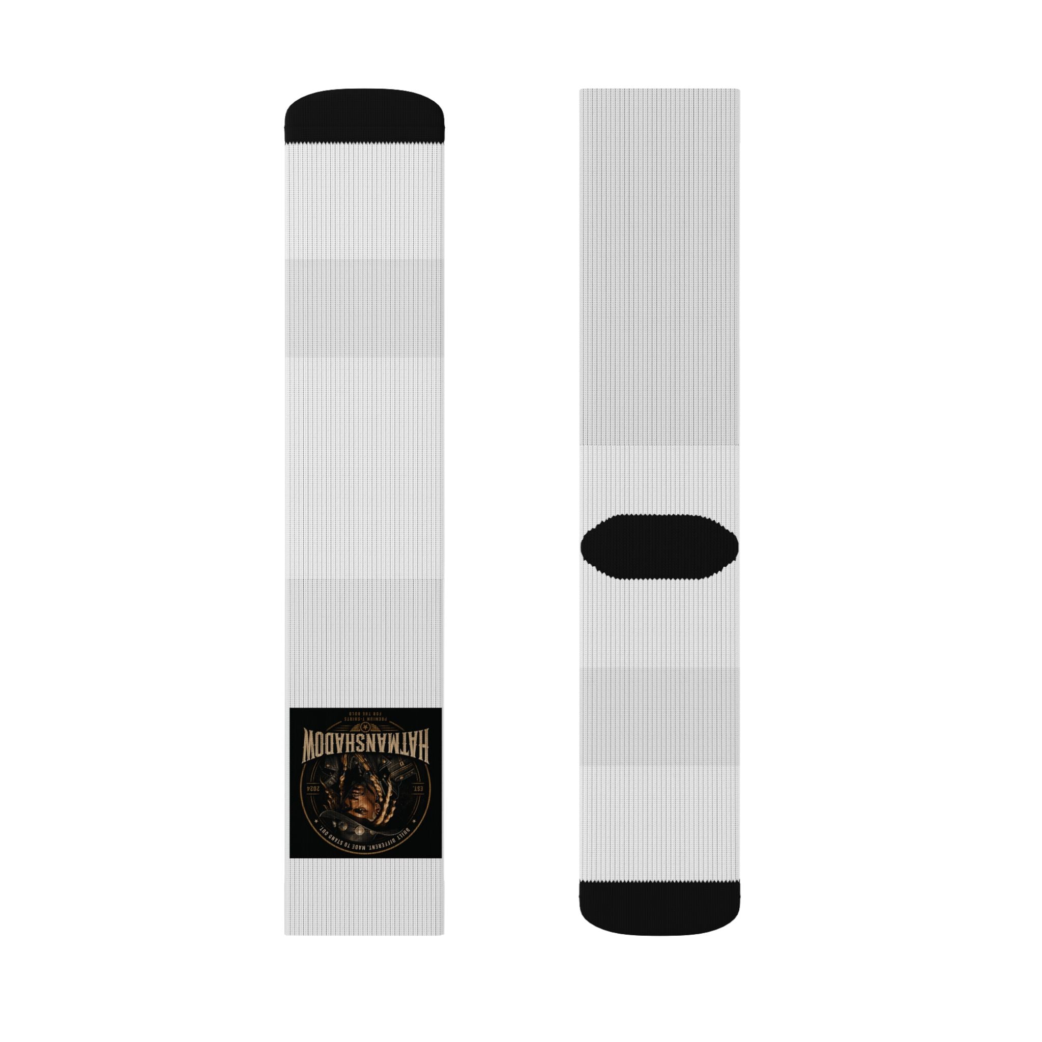 Hatmanshadow Sublimation Socks — Black Patch Logo Crew Socks for Fans