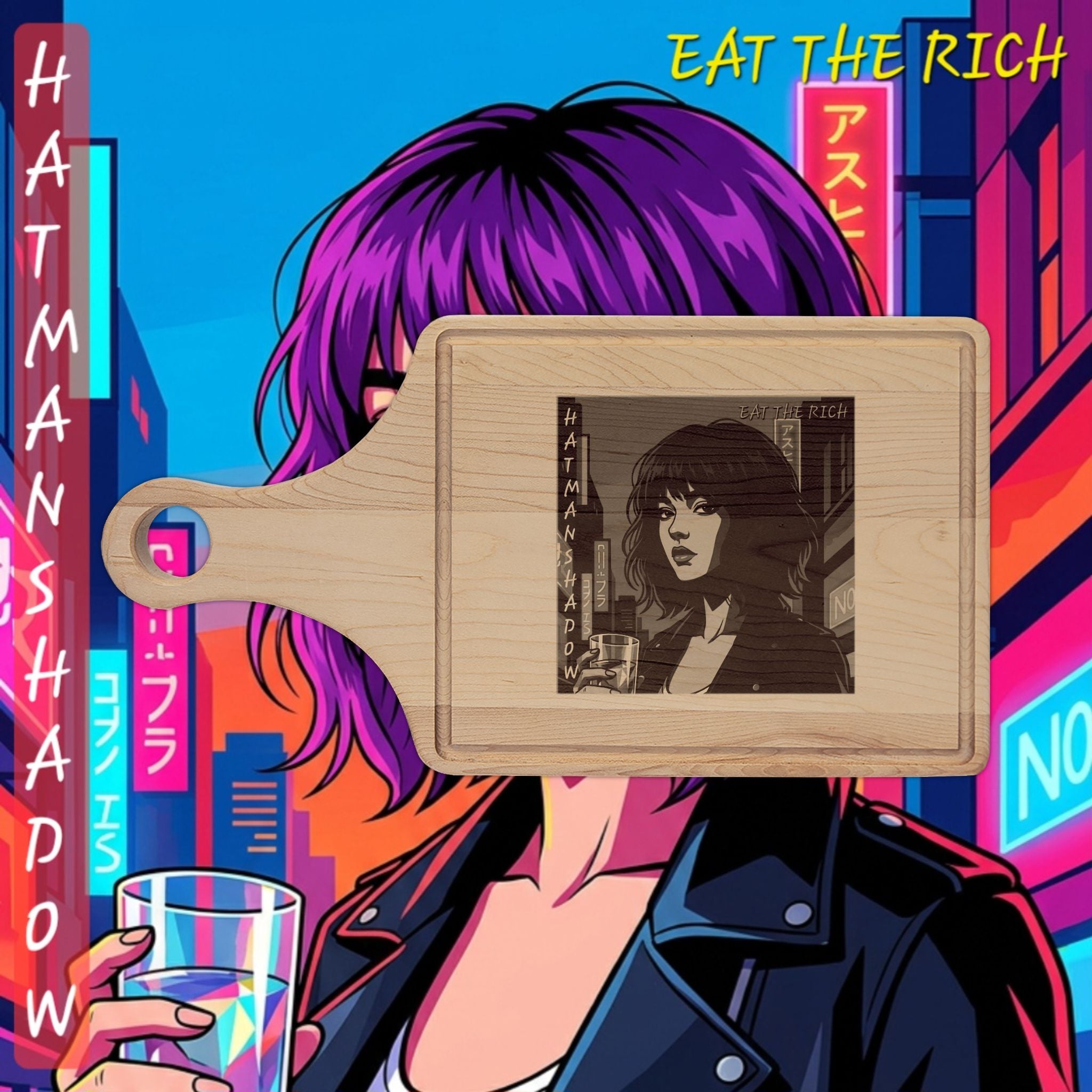 Engraved Retro Cyberpunk Woman Wooden Cutting Board – “Eat the Rich”