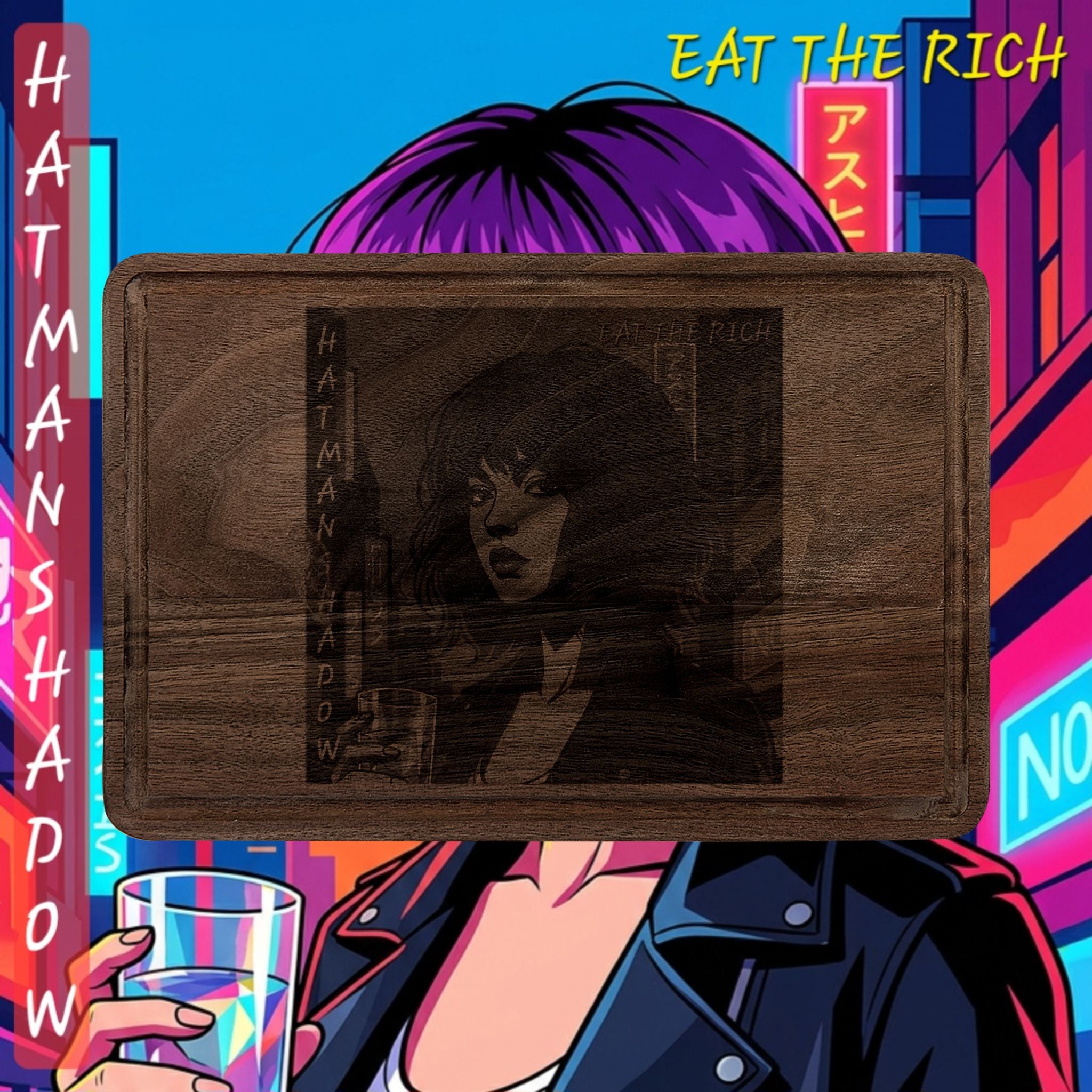Engraved Retro Cyberpunk Woman Wooden Cutting Board – “Eat the Rich”